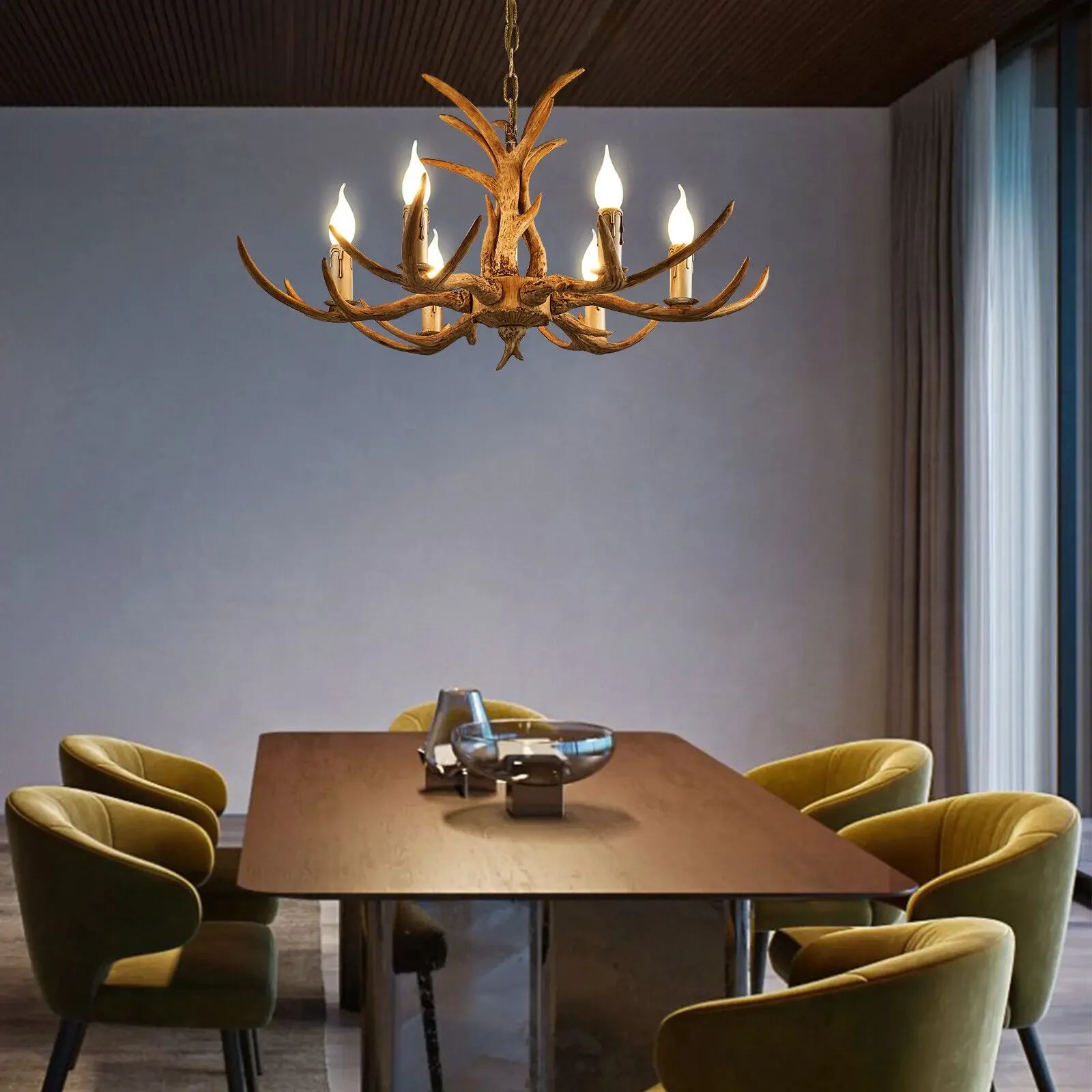 Retro Brown Antler Chandelier 6 Heads Deer Horn Ceiling Light Pendant Lamp 220V