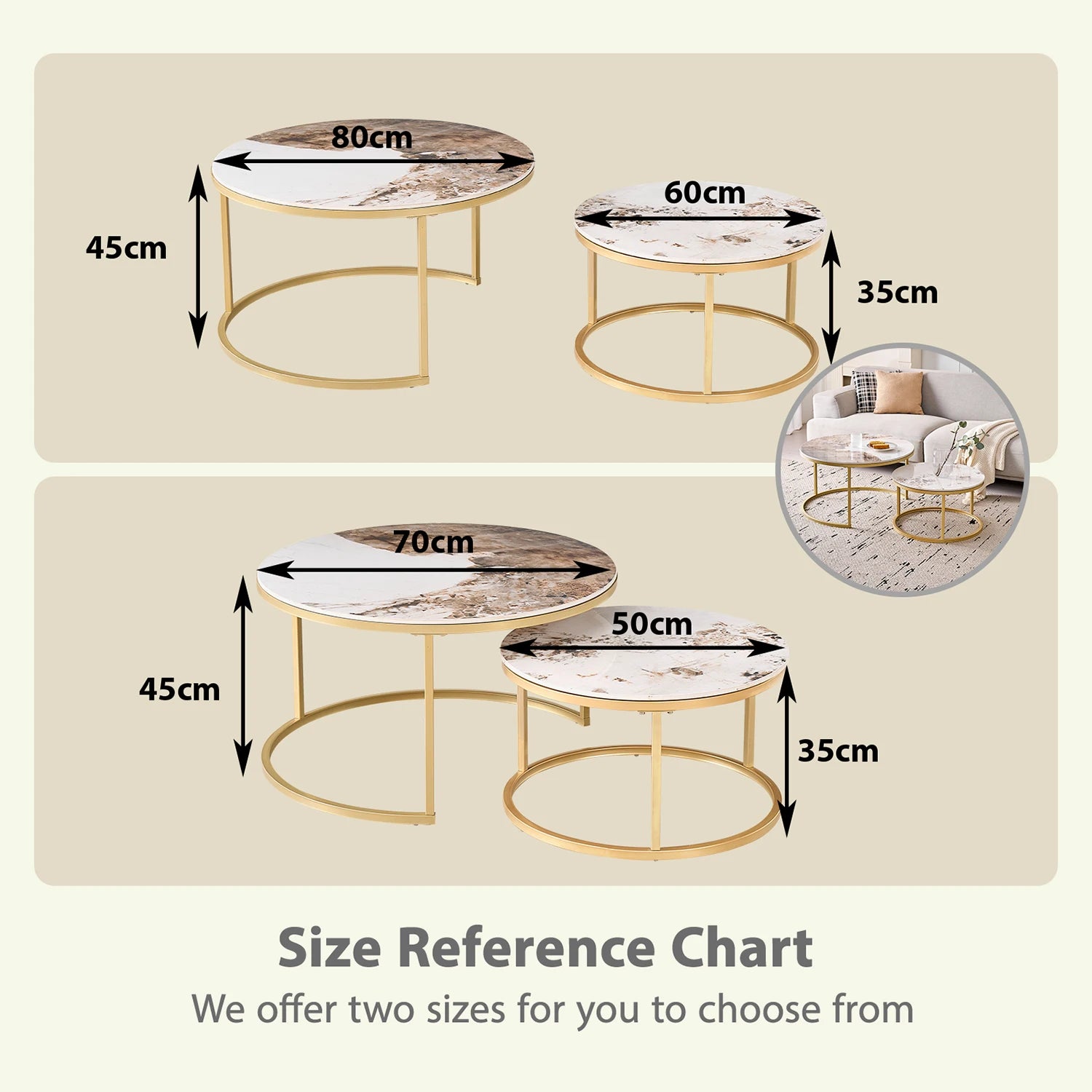 Set of 2 Modern Stylish Nesting Marble Round Coffee Table Set, Simple Metal Frame, Suitable for Living Room, Study Room, Bedroom