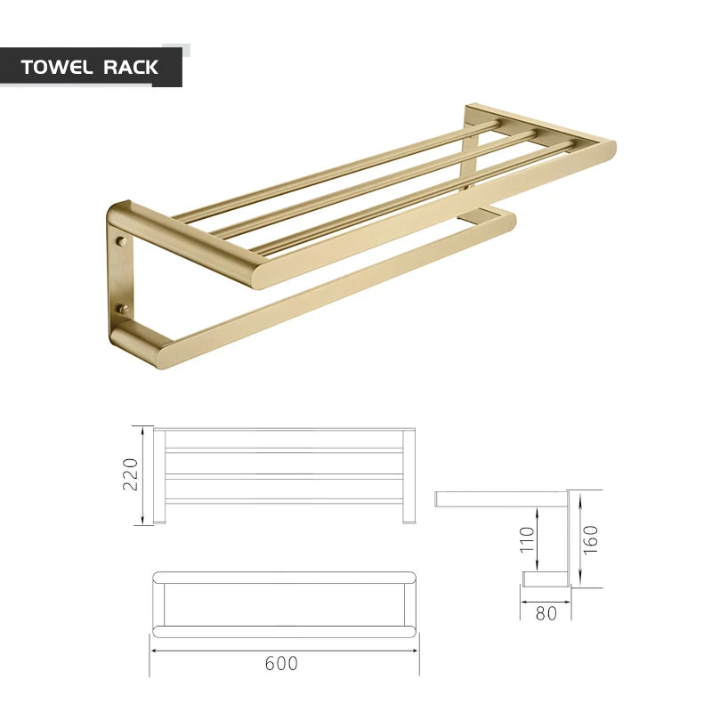 Bathroom Accessories Hardware Set Brushed Gold Robe Hook Towel Rail Bar Rack Toilet Brush Tissue Paper Holder Soap Dish Shelf