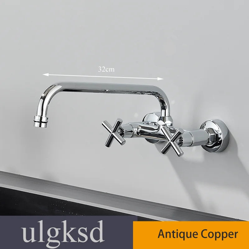 Chrome Wall Mounted Bathroom Kitchen Faucet Dual Handle Hot and Cold Water Tap Sink Mixer Tap 360 Swivel Long Spout Kitchen  