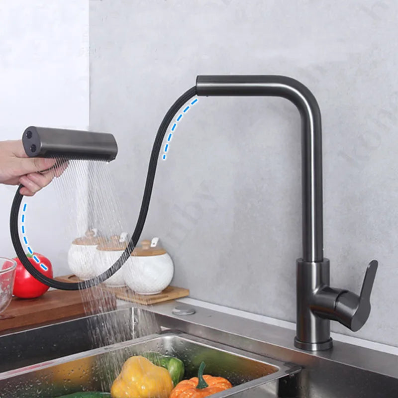 Brass Kitchen Faucet Single Hole Pull-Out Spout Kitchen Sink Mixer Faucet Four-bar Water Outlet Mode Cold and Hot Mixer Faucet