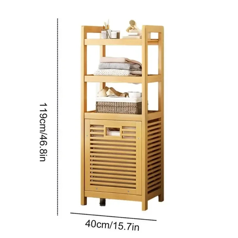 Laundry Hamper with Shelf With Tilt Out Basket 3/4 Tier Wooden Storage Hamper Bathroom Rack Multi-function Bamboo Laundry Basket