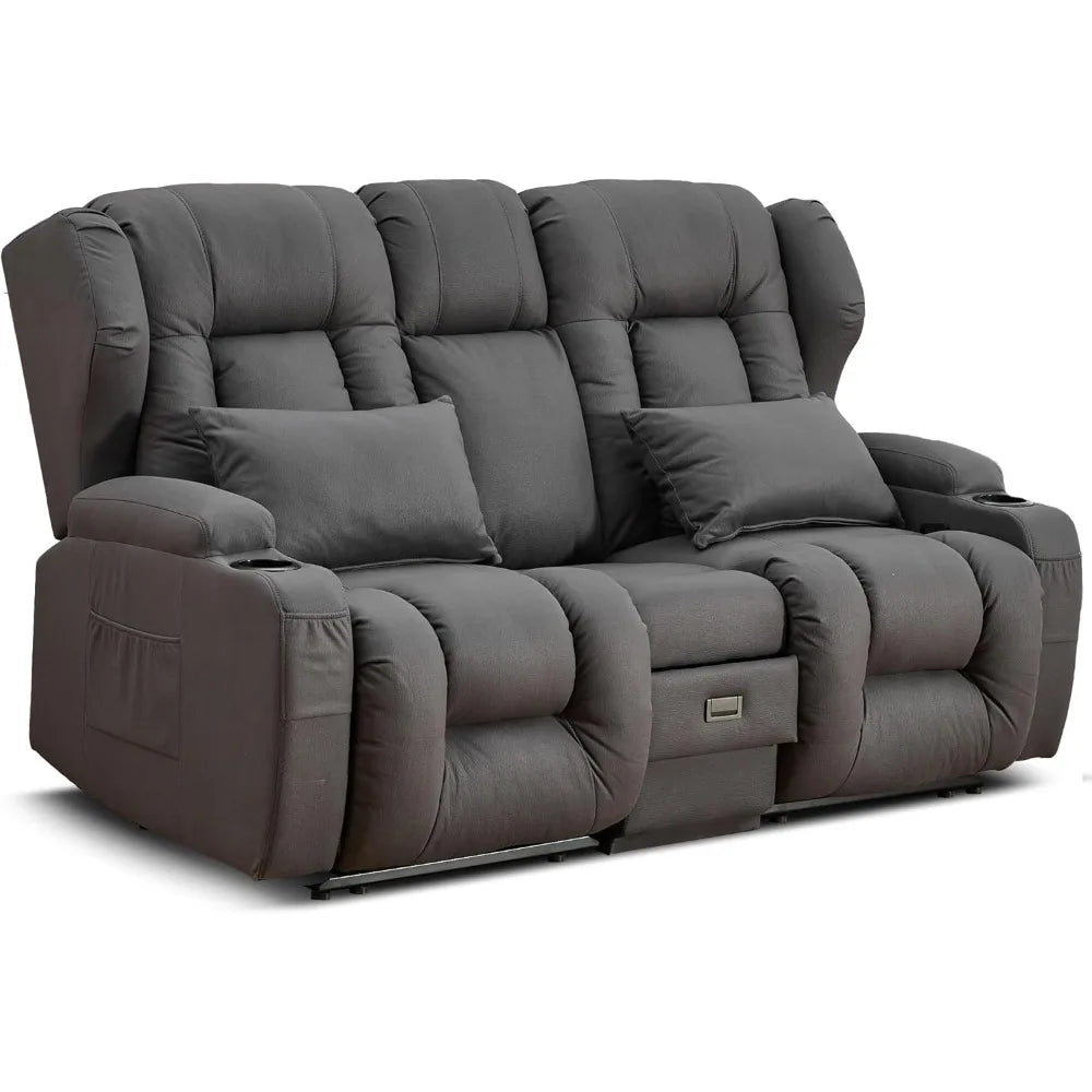 Loveseat Recliner Sofa - Flipped Backrest Console, Cup Holders, Side Pockets, Pillows, Drawers, Outlets