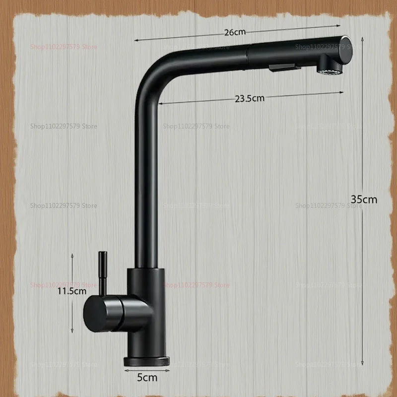 Upgraded Black Silver Pull Out Kitchen Faucet Dual Mode Telescopic Rotary Stainless Steel Hot Cold Water Faucet for Kitchen