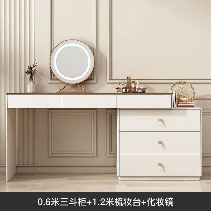 Modern Vanity Desk with LED Lighted Mirror, Luxury Corner Makeup Vanity Table 6 Drawers and Large Storage Dressing Table Shelves