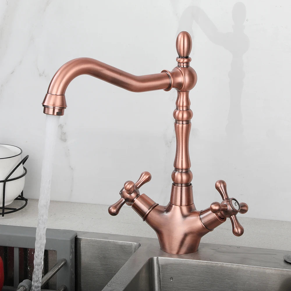 KEMAIDI Gold Bathroom Sink Faucet Brass Single Hole Deck Mounted Faucets 360 Swivel Dual Handle Mixer Tap Antique Brass