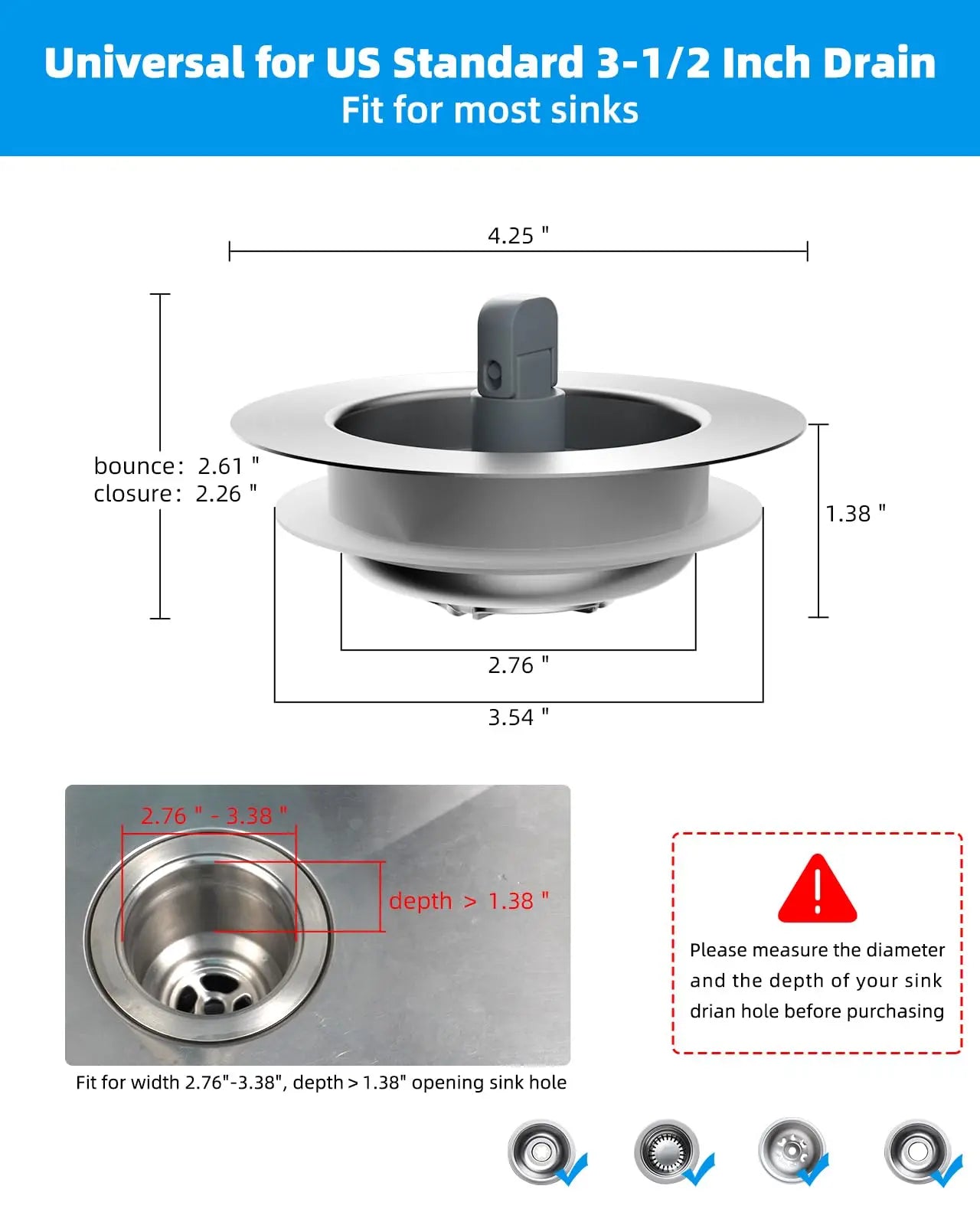 Hibbent Upgraded 3 in 1 Kitchen Sink Drain Strainer and Stopper Combo, Stainless Steel Metal Pop Up Sink Stopper,