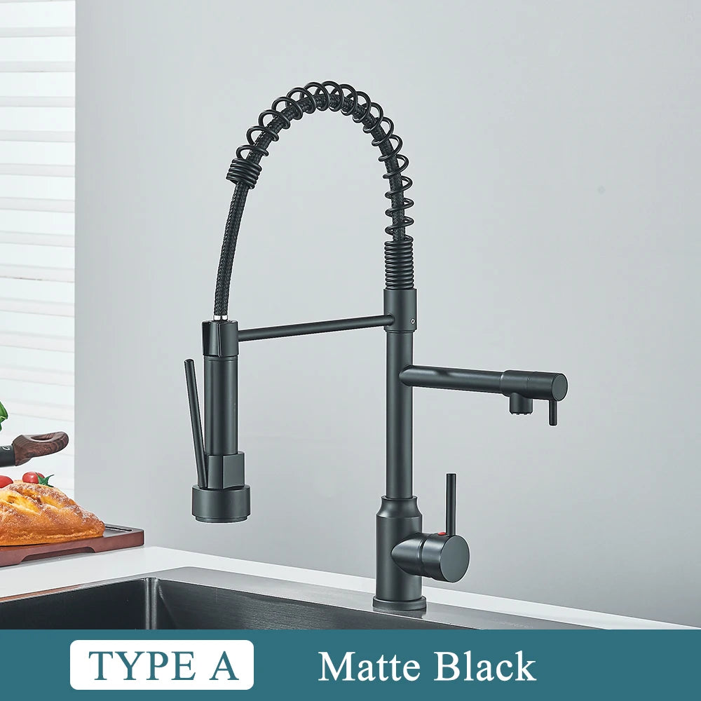 Black/Silver Kitchen Faucet with Pull-Down Sprayer, Deck Mount Hot and Cold Water Mixer Faucet, Dual Spout Faucet, Crane