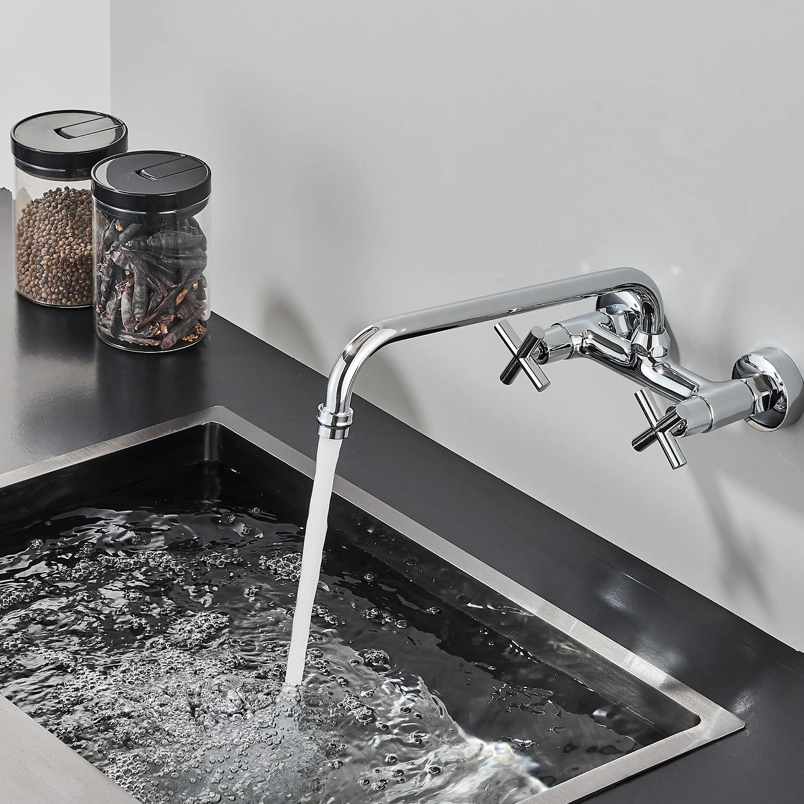 Chrome Wall Mounted Bathroom Kitchen Faucet Dual Handle Hot and Cold Water Tap Sink Mixer Tap 360 Swivel Long Spout Kitchen  