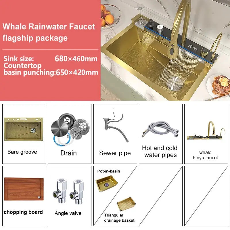 Gloden Stainless Steel Waterfall Kitchen Sink with Faucet Digital Display Multifunctional  Large Single Slot Dishwashing Basins