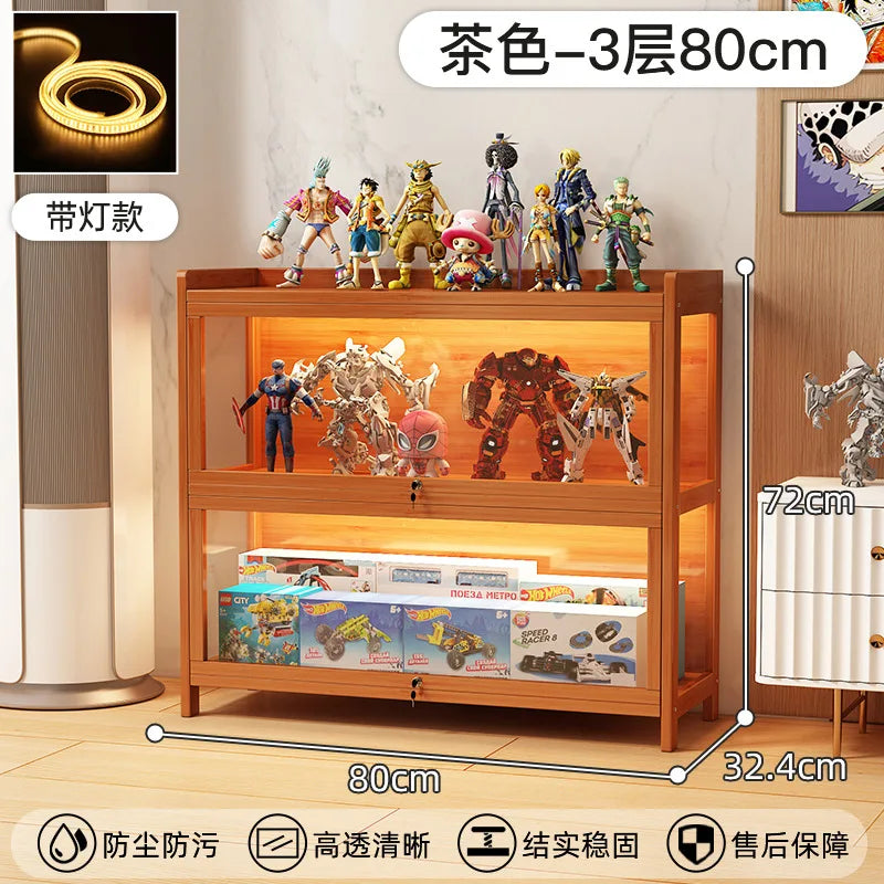 Display Cabinet Acrylic Curio Cabinet with Lock Glass Display Cabinet Natural Bamboo  Glass Cabinet Easy to Install,With Lights
