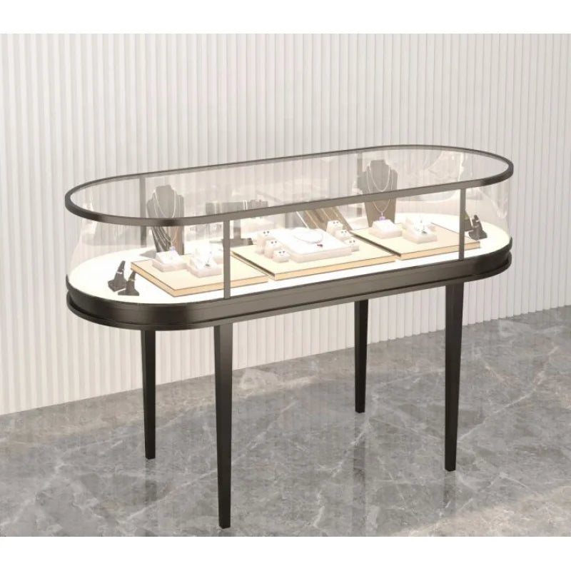 custom,Curved Jewelry Shop Fixture Glass Display Counter Lockable Jewelry Glass Vitrine Showcase Display Cabinet
