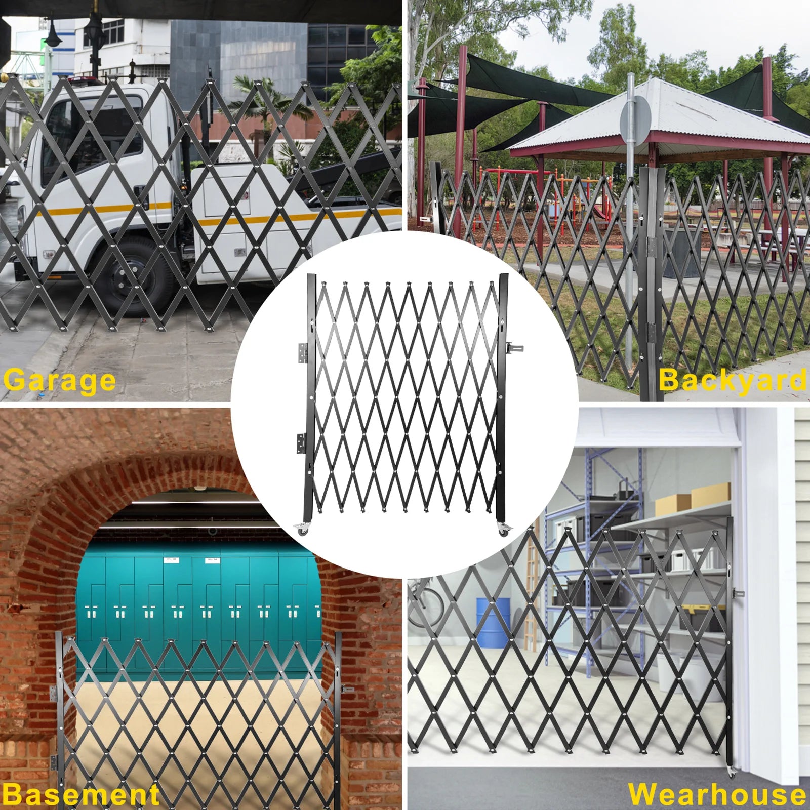 SucceBuy Single Folding Security Gate 1.5-2mx1.22-3.66m Folding Door Gate Steel Accordion Flexible Expanding Security Gate Black