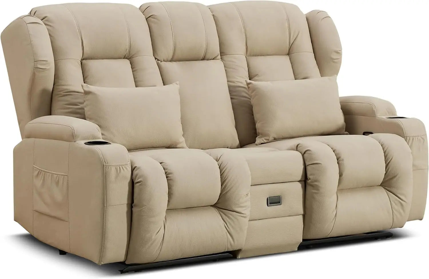 Loveseat Recliner Sofa - Flipped Backrest Console, Cup Holders, Side Pockets, Pillows, Drawers, Outlets
