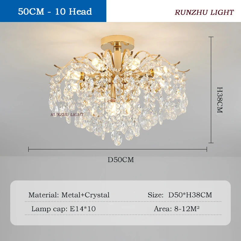 Light Luxury Crystal Living Room Lamp French Net Red Ceiling Lamp Master Bedroom Room Lamp Creative Restaurant Lamp LED Lamp