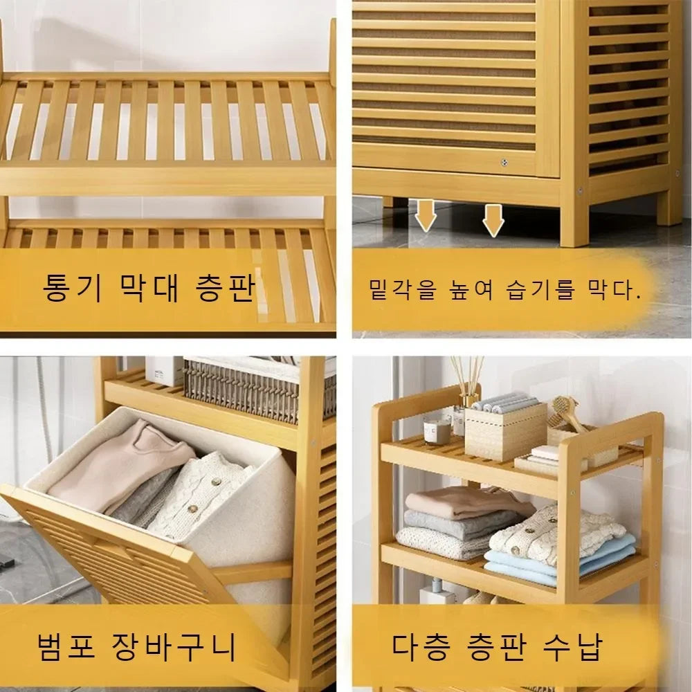 Laundry Hamper with Shelf With Tilt Out Basket 3/4 Tier Wooden Storage Hamper Bathroom Rack Multi-function Bamboo Laundry Basket