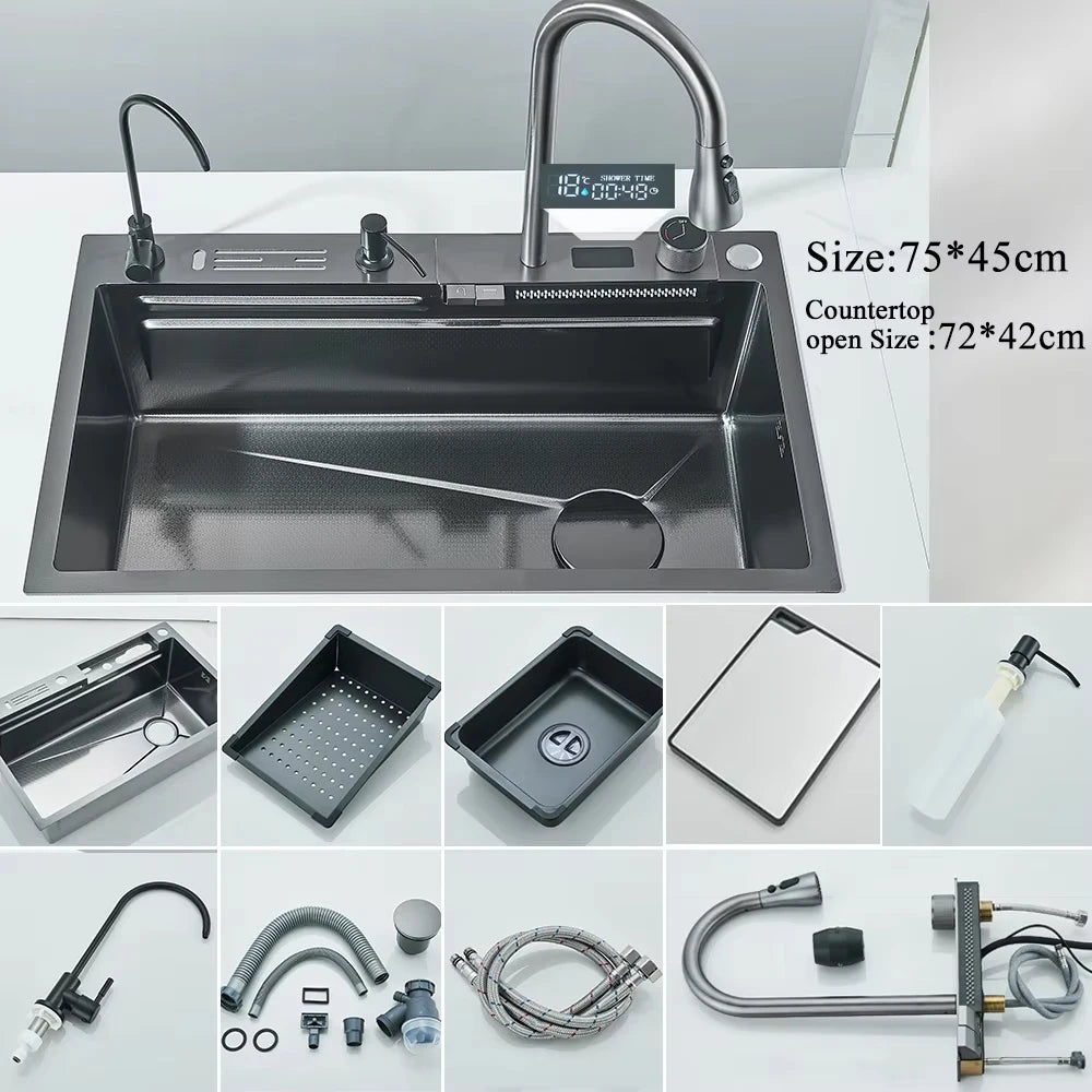 304 Stainless Steel Waterfall Kitchen Sink Large Single Slot Integrated Digital Display Faucet Set Soap Dispenser 75*45cm