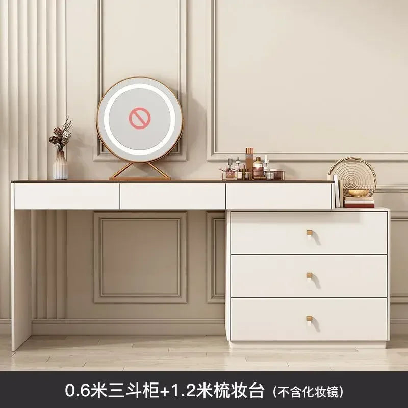 Modern Vanity Desk with LED Lighted Mirror, Luxury Corner Makeup Vanity Table 6 Drawers and Large Storage Dressing Table Shelves
