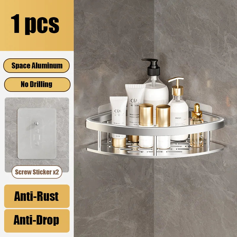 Bathroom Shelves Aluminum Alloy Shower Corner Shelf Shampoo Rack No Drill Kitchen Organizer Wall Shelf Bathroom Accessories
