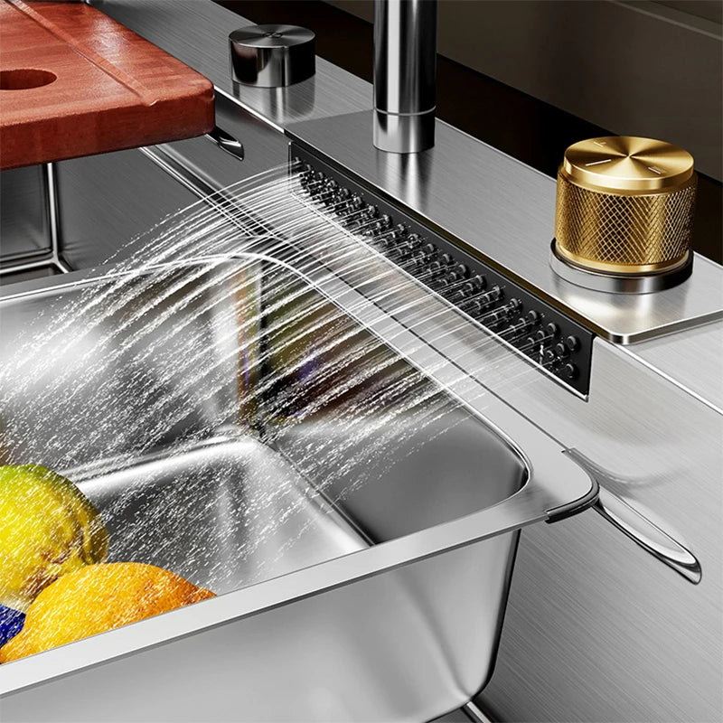 Multifunction Brushed Nano Kitchen Sink Waterfall Faucet Large Single Bowl Cup Washer Pure Tap Soap Dispenser Stainless Steel