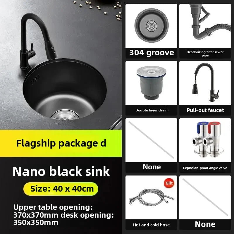 Black Round Bar Sink Nano Stainless Steel Single Basin Small Kitchen Dishwashing and Vegetable Washing Sink kitchen sink cocina