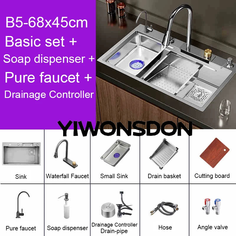 Multifunction Brushed Nano Kitchen Sink Waterfall Faucet Large Single Bowl Cup Washer Pure Tap Soap Dispenser Stainless Steel
