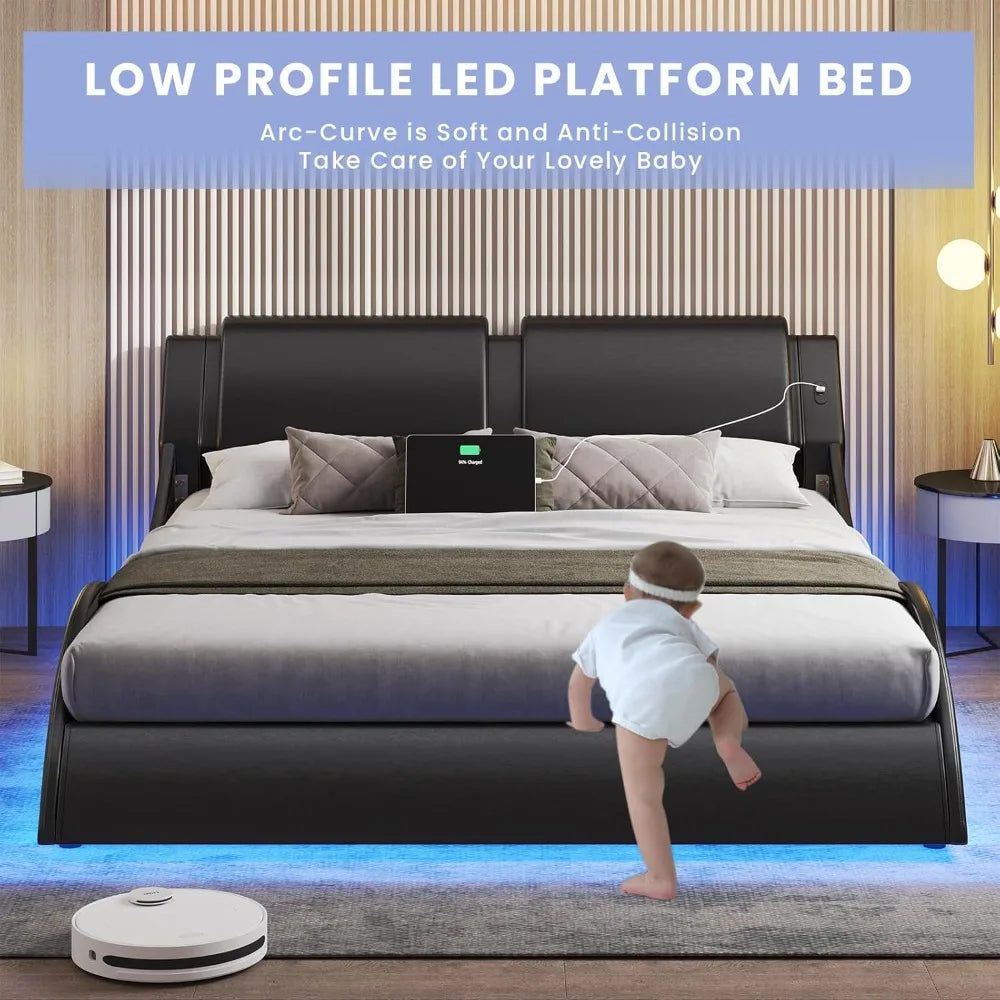 Bed Frame with Led Lights and Charging Ports Modern Faux Leather Upholstered Queen Size Platform Bed with Headboard Wave