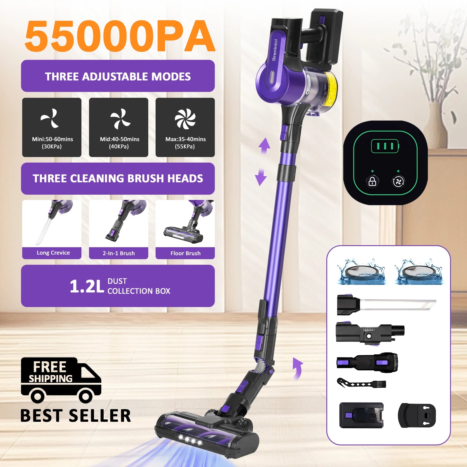 Grenintol 500W 75KPA Suction Power Cordless Vacuum Cleaner Handheld smart Home appliance Removable Battery Dust Cup