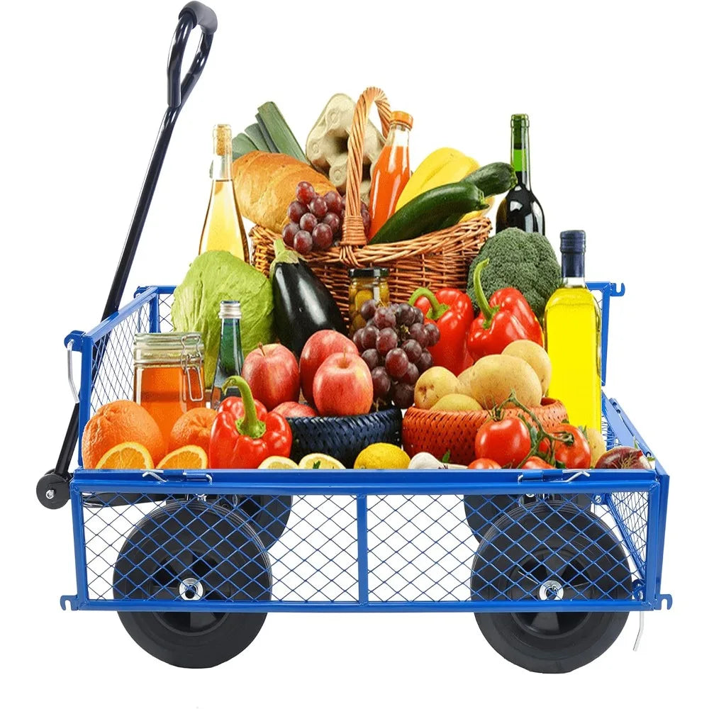 Solid Wheels 10" Flat Free Tires Steel Garden Wagon cart A Large-Capacity mesh with a Load of 1100LBS,with Detachable Side and n