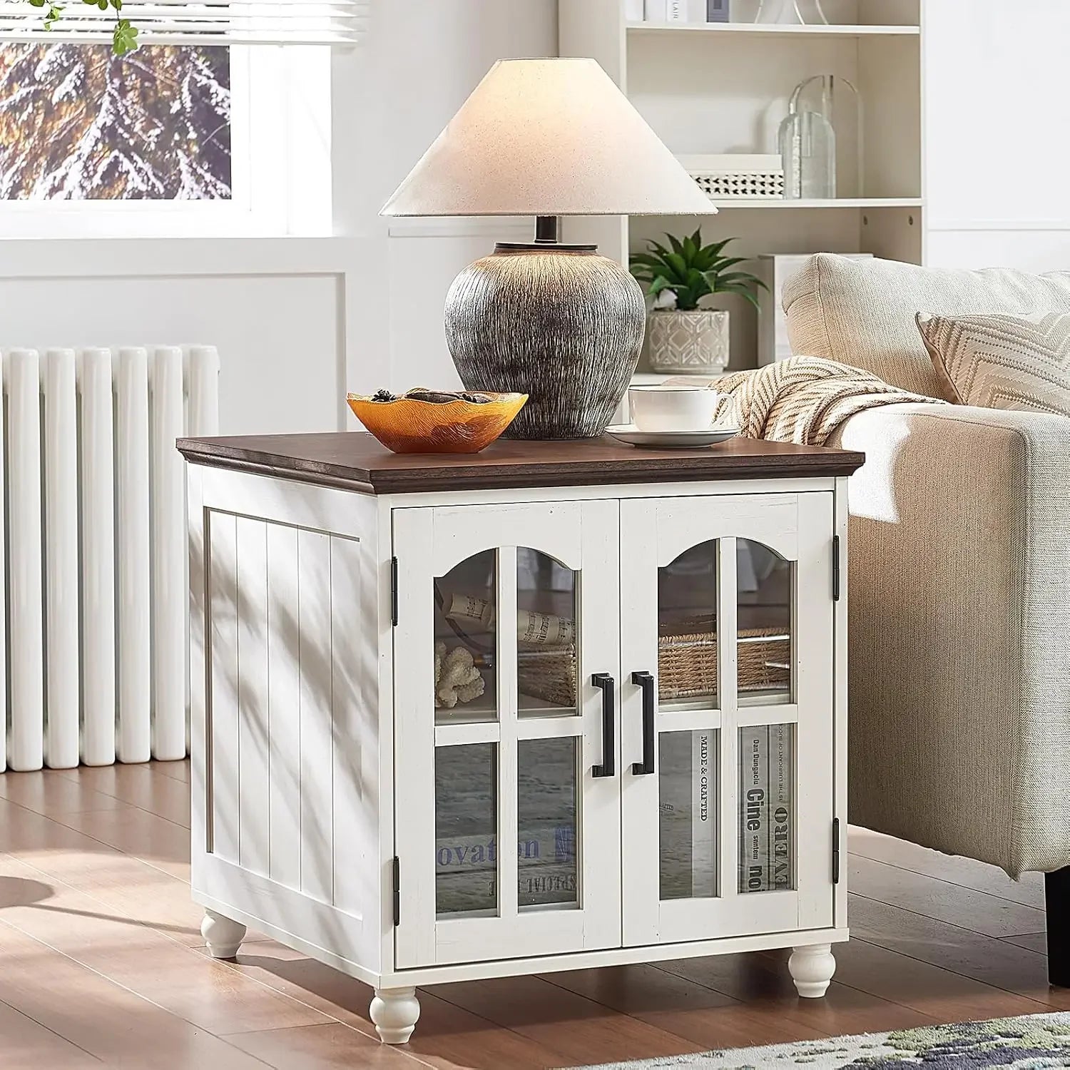 Farmhouse End Table with Charging Station,24" Large Sofa Side Table with Glass Barn Door,Rustic Wood Night Stand with Adjustable