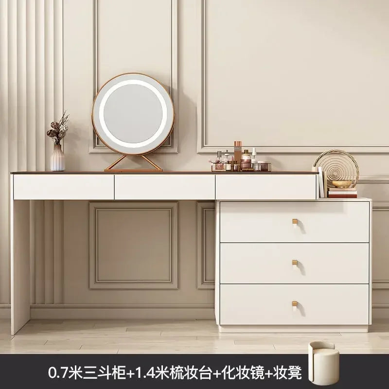 Modern Vanity Desk with LED Lighted Mirror, Luxury Corner Makeup Vanity Table 6 Drawers and Large Storage Dressing Table Shelves
