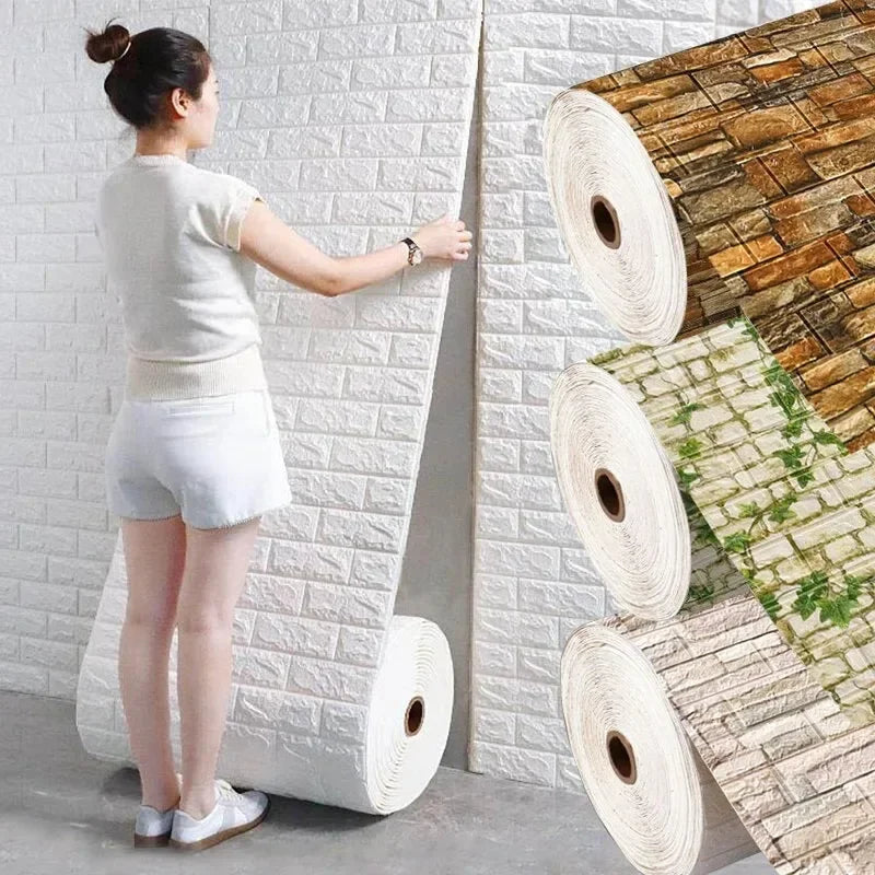 70cm*1/2/5/10m Brick DIY Wallpaper Foam Panels 3D Wall Stickers Self-adhesive Home Decor Living Room Kitchen Decor