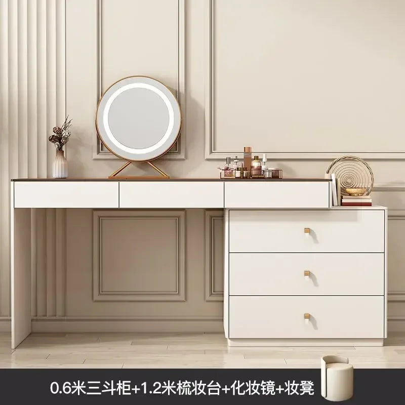 Modern Vanity Desk with LED Lighted Mirror, Luxury Corner Makeup Vanity Table 6 Drawers and Large Storage Dressing Table Shelves
