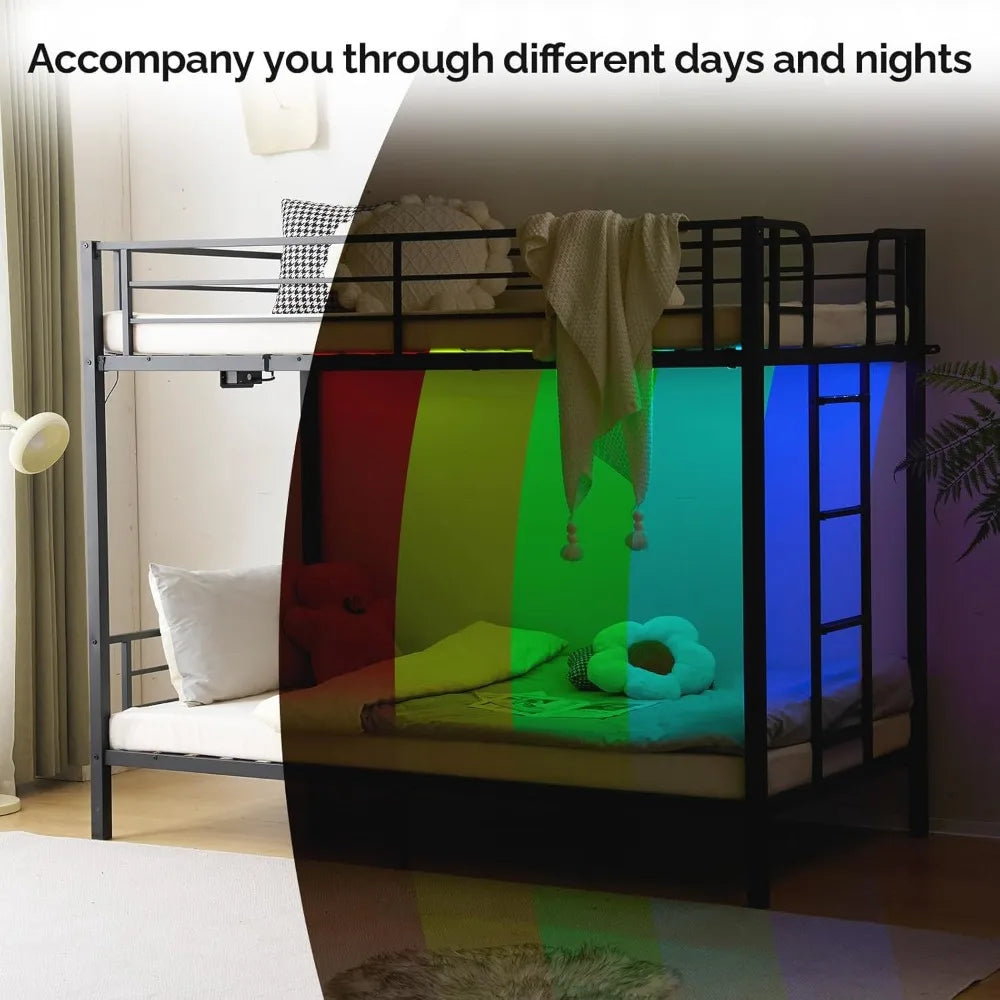 Metal Bunk Bed Frame Twin Over Twin with LED Lights, Non-Slip Ladder, Full Length Guardrail, Charging Station, for Kids, Teens