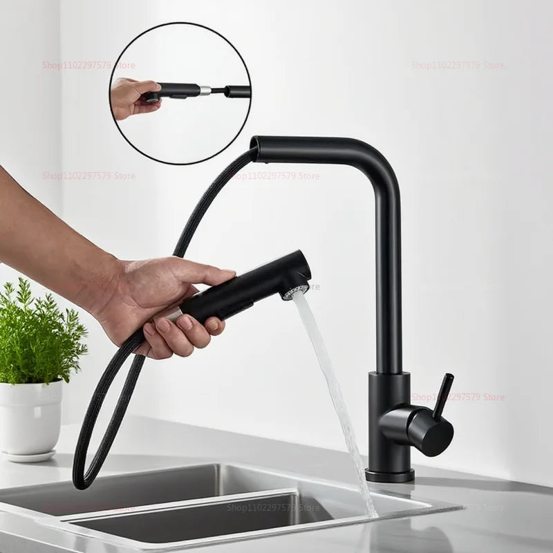 Upgraded Black Silver Pull-Out Telescopic Rotary Kitchen Faucet Stainless Steel Hot Cold Dual Mode Easy Install Water Outlet