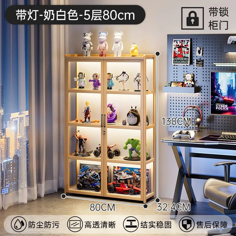 Display Cabinet Acrylic Curio Cabinet with Lock Glass Display Cabinet Natural Bamboo Glass Cabinet Easy to Install,With Lights - Bakesbyemily.com