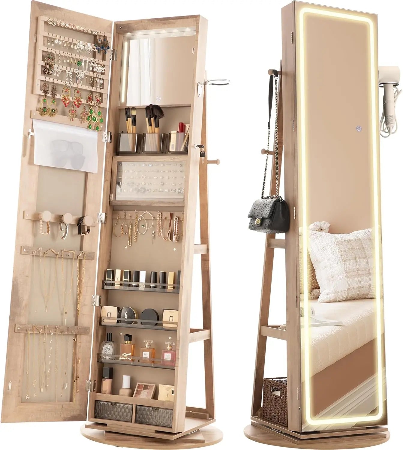 LED Mirror Jewelry Cabinet Standing, 360° Swivel Lockable Jewelry Armoire with Full Length Mirror and Adjustable LED Lights - Bakesbyemily.com