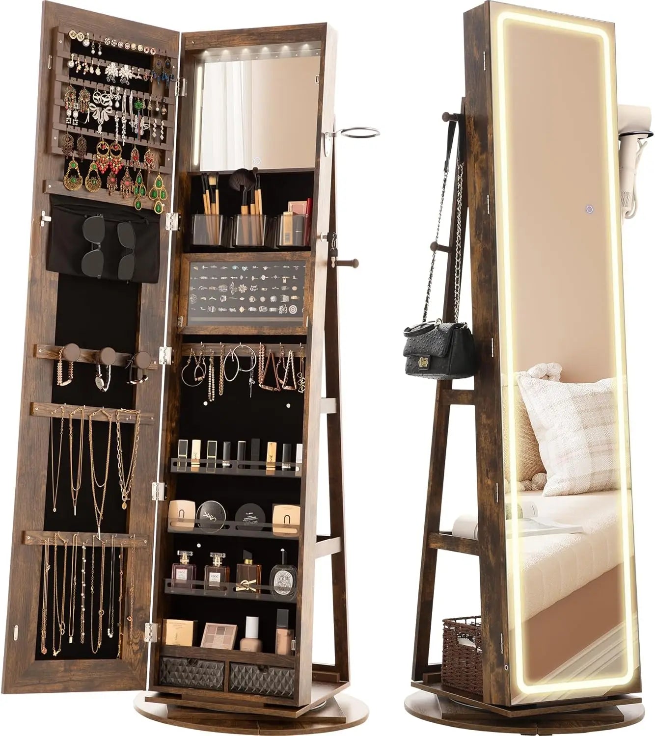LED Mirror Jewelry Cabinet Standing, 360° Swivel Lockable Jewelry Armoire with Full Length Mirror and Adjustable LED Lights - Bakesbyemily.com