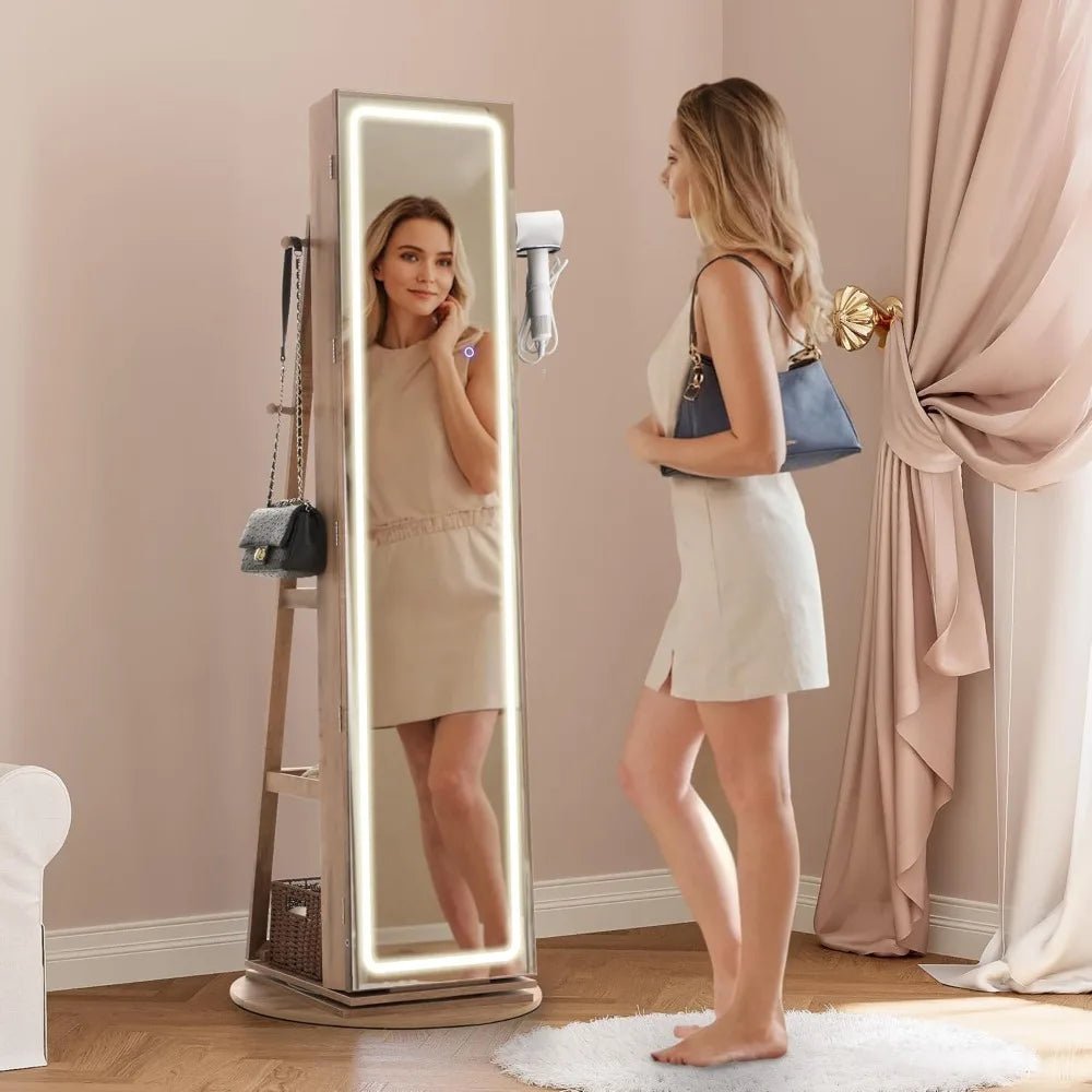 LED Mirror Jewelry Cabinet Standing, 360° Swivel Lockable Jewelry Armoire with Full Length Mirror and Adjustable LED Lights - Bakesbyemily.com