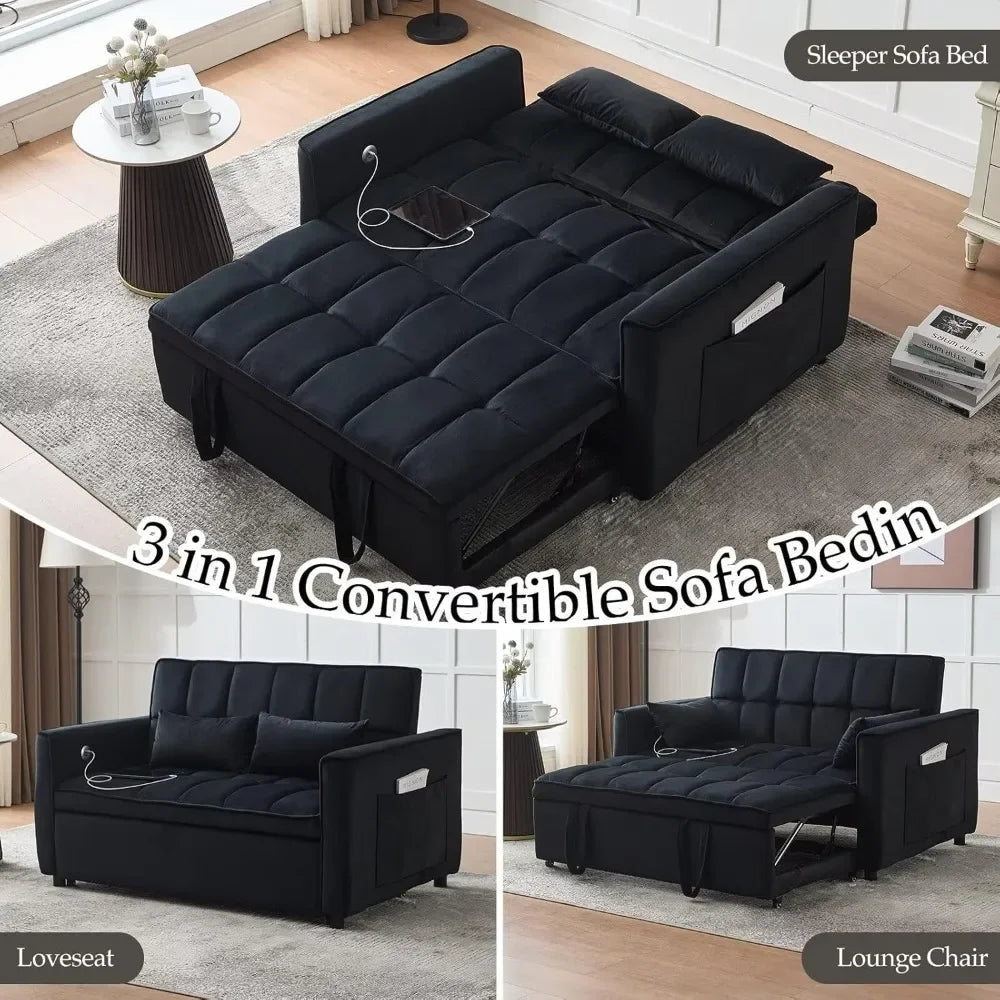 Modern 3 - in - 1 Velvet Sleeper Sofa - USB, Adjustable, Loveseat - Bakesbyemily.com