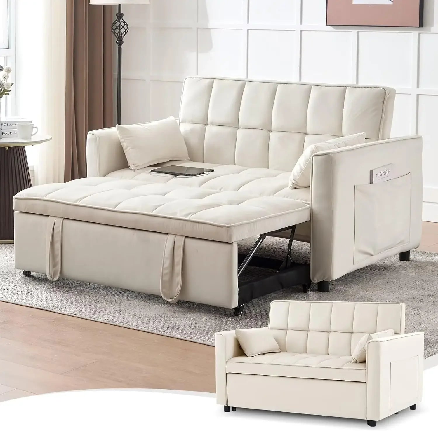 Modern 3 - in - 1 Velvet Sleeper Sofa - USB, Adjustable, Loveseat - Bakesbyemily.com