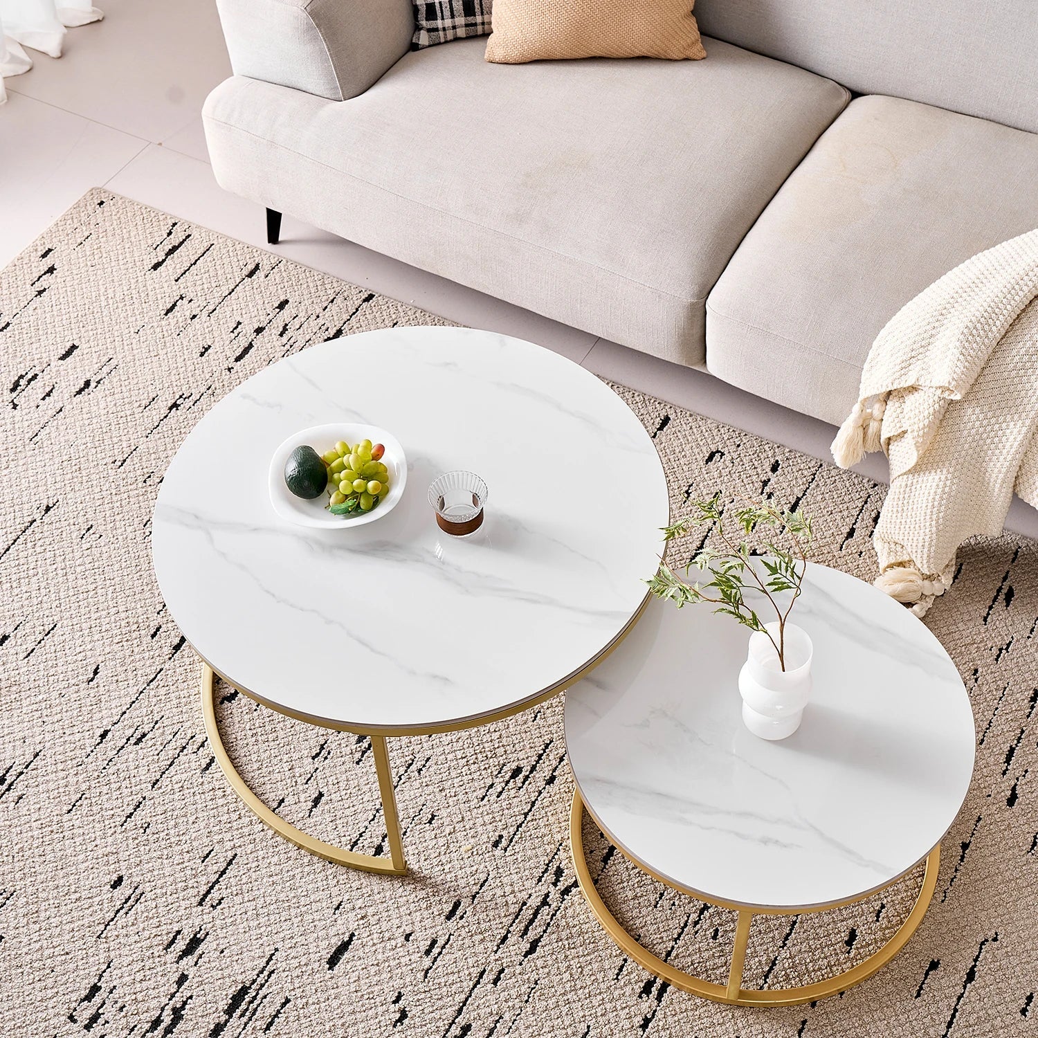 Set of 2 Modern Stylish Nesting Marble Round Coffee Table Set, Simple Metal Frame, Suitable for Living Room, Study Room, Bedroom - Bakesbyemily.com
