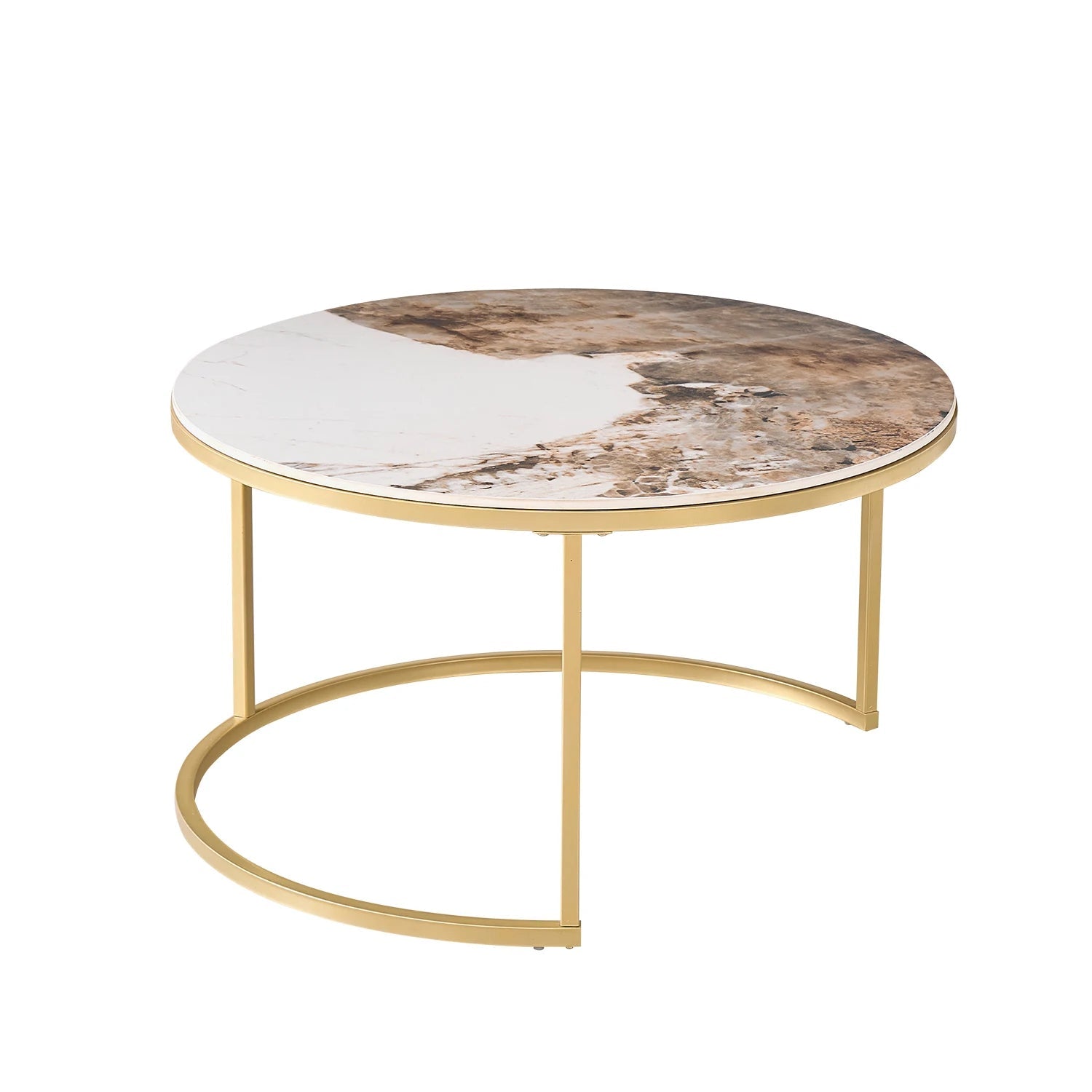 Set of 2 Modern Stylish Nesting Marble Round Coffee Table Set, Simple Metal Frame, Suitable for Living Room, Study Room, Bedroom - Bakesbyemily.com