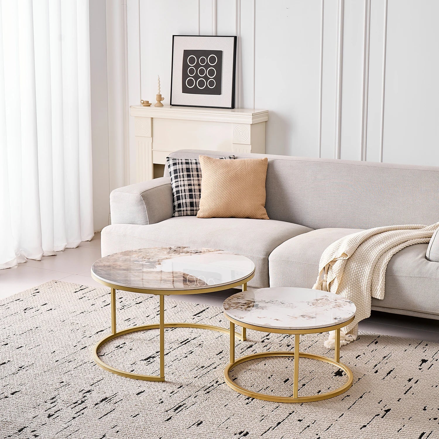 Set of 2 Modern Stylish Nesting Marble Round Coffee Table Set, Simple Metal Frame, Suitable for Living Room, Study Room, Bedroom - Bakesbyemily.com