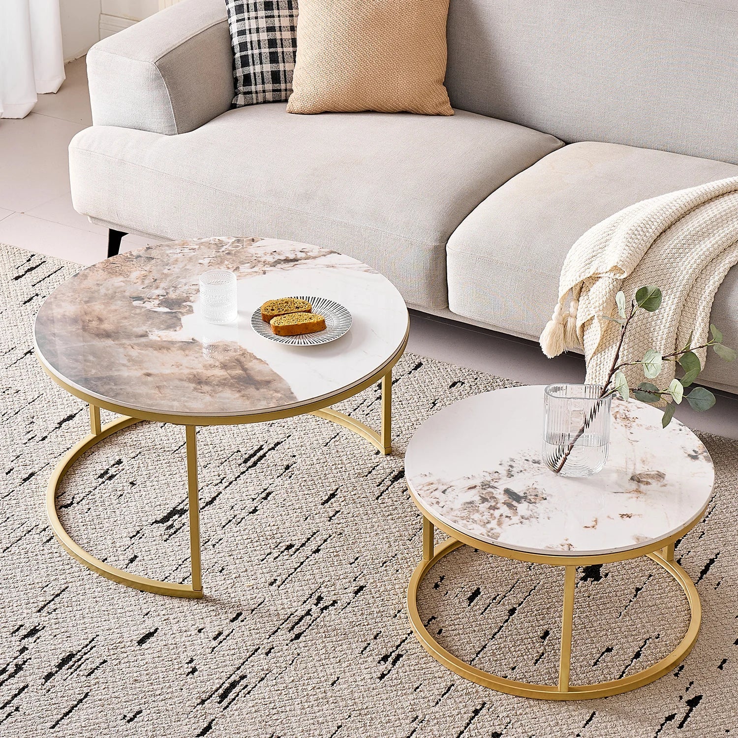 Set of 2 Modern Stylish Nesting Marble Round Coffee Table Set, Simple Metal Frame, Suitable for Living Room, Study Room, Bedroom - Bakesbyemily.com