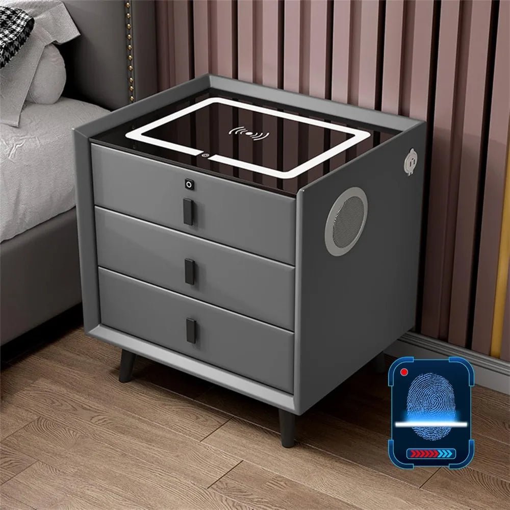 Smart Bedroom Nightstand with Fingerprint Lock and Adjustable LED Lights,Modern Bedside Cupboard with USB and Type - C Port - Bakesbyemily.com