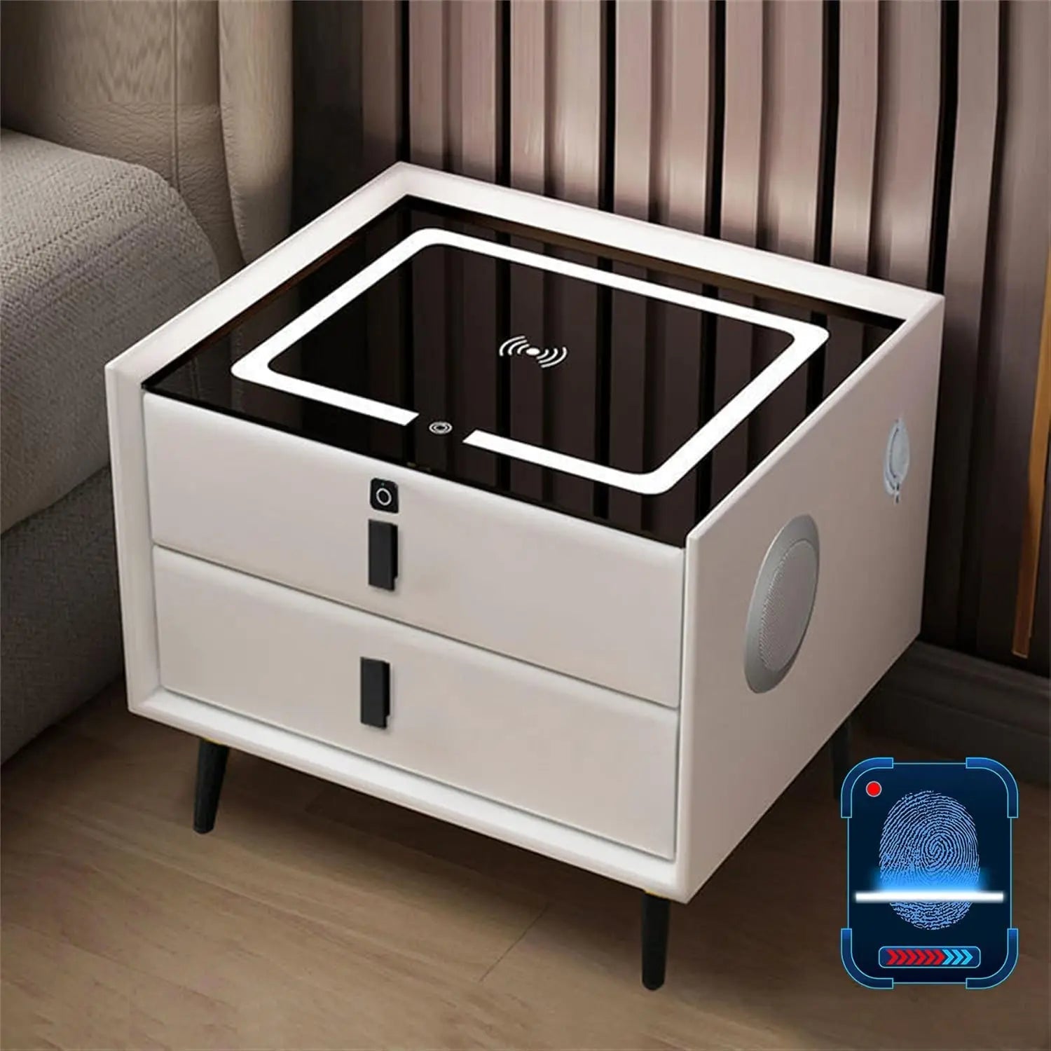 Smart Bedroom Nightstand with Fingerprint Lock and Adjustable LED Lights,Modern Bedside Cupboard with USB and Type - C Port - Bakesbyemily.com