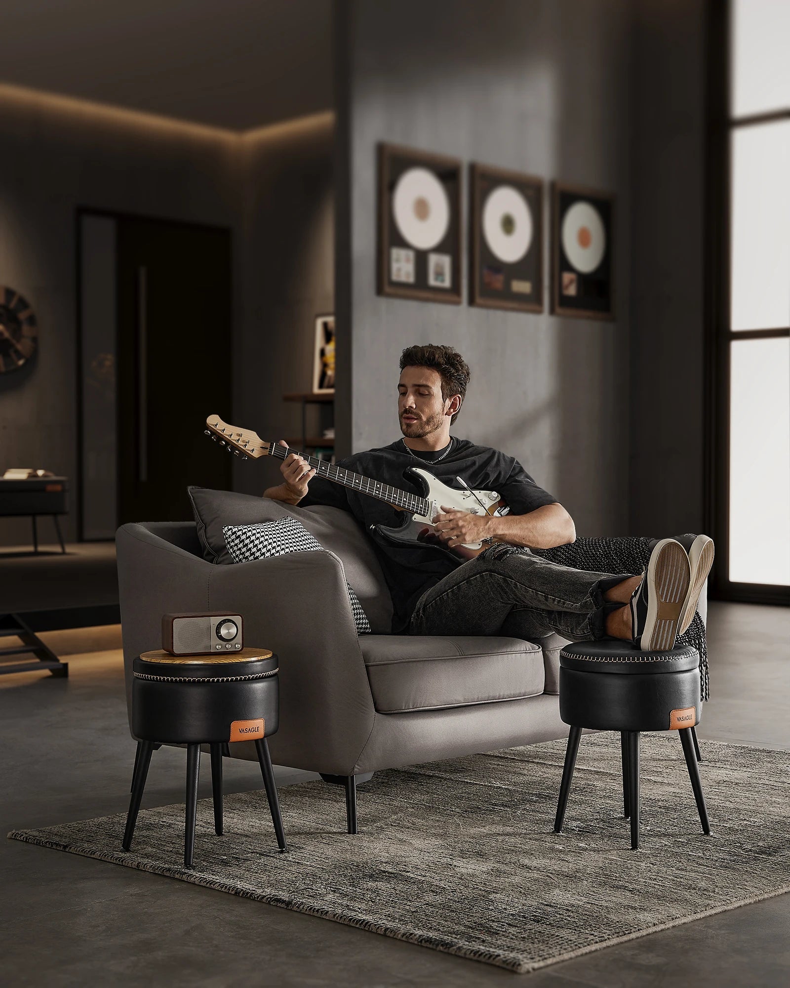 VASAGLE EKHO Collection - Storage Ottoman, Dressing Table Stool, Synthetic Leather with Stitching and steel Legs, Loads 150 - Bakesbyemily.com