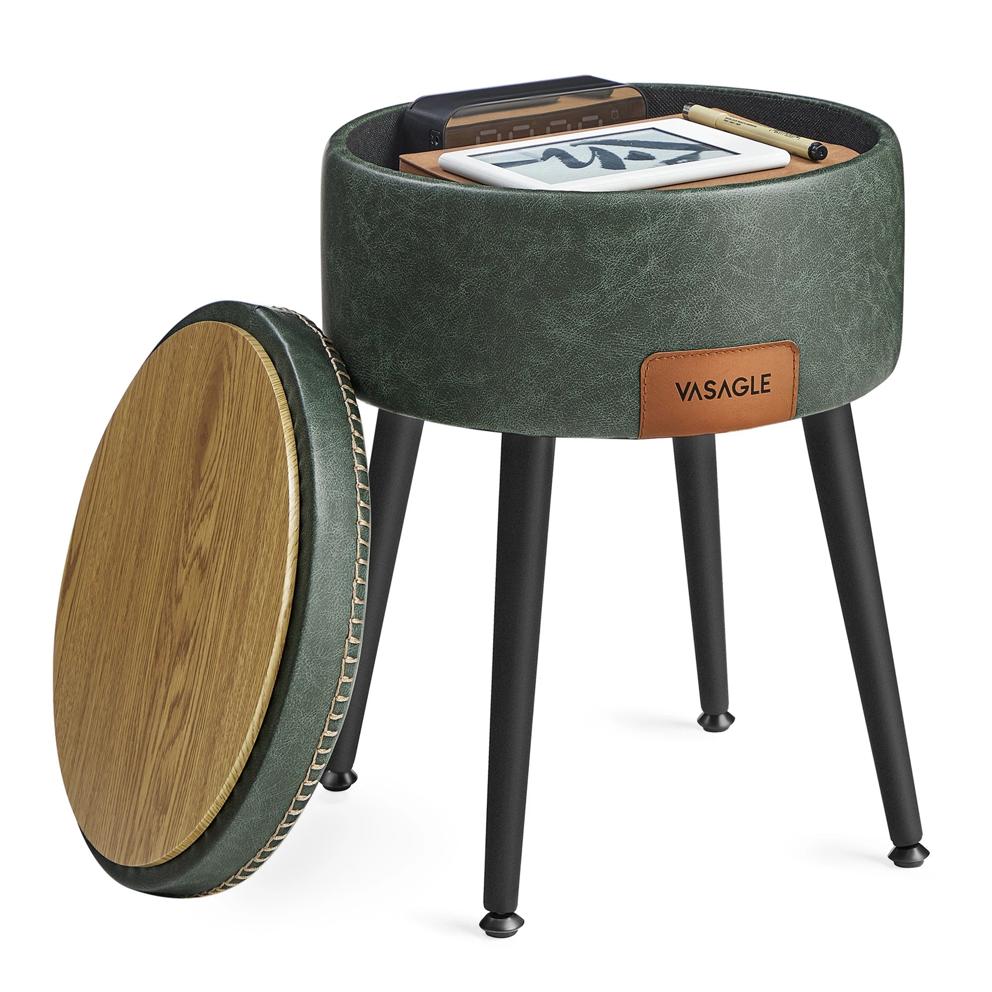 VASAGLE EKHO Collection - Storage Ottoman, Dressing Table Stool, Synthetic Leather with Stitching and steel Legs, Loads 150 - Bakesbyemily.com