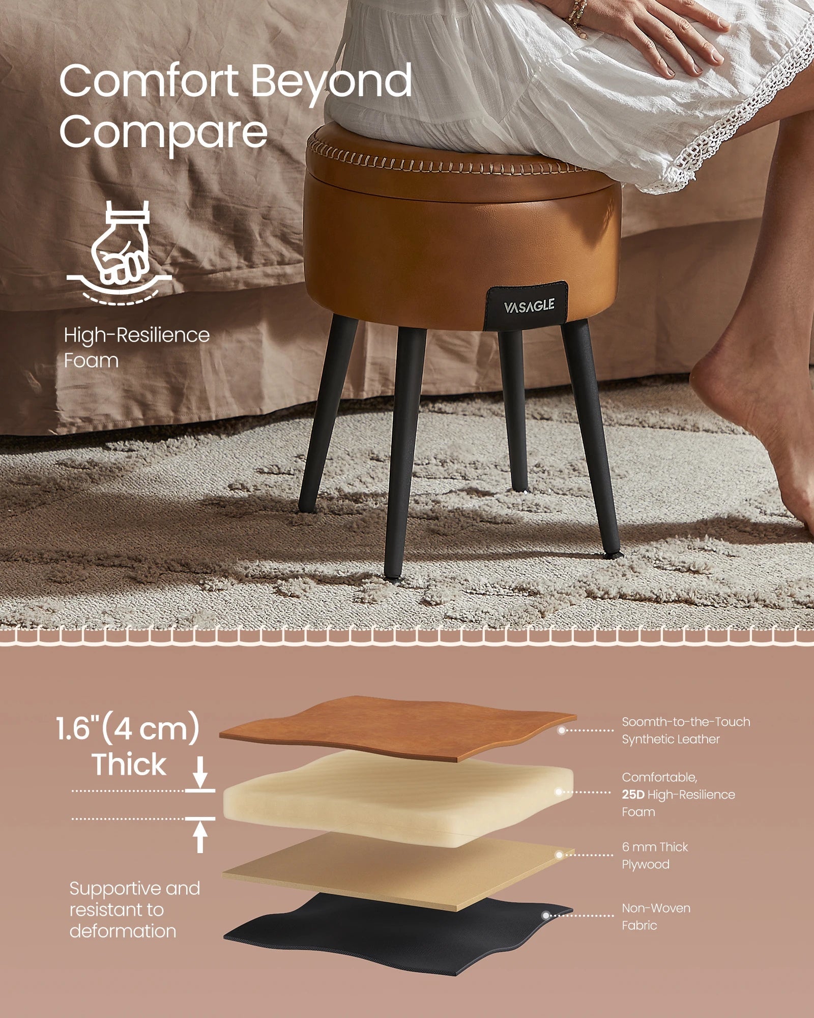 VASAGLE EKHO Collection - Storage Ottoman, Dressing Table Stool, Synthetic Leather with Stitching and steel Legs, Loads 150 - Bakesbyemily.com